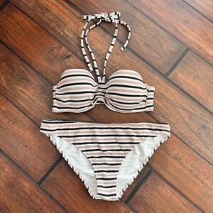Shade & Shore Striped Lightly Lined Halter Pique Textured Bandeau Bikini Top